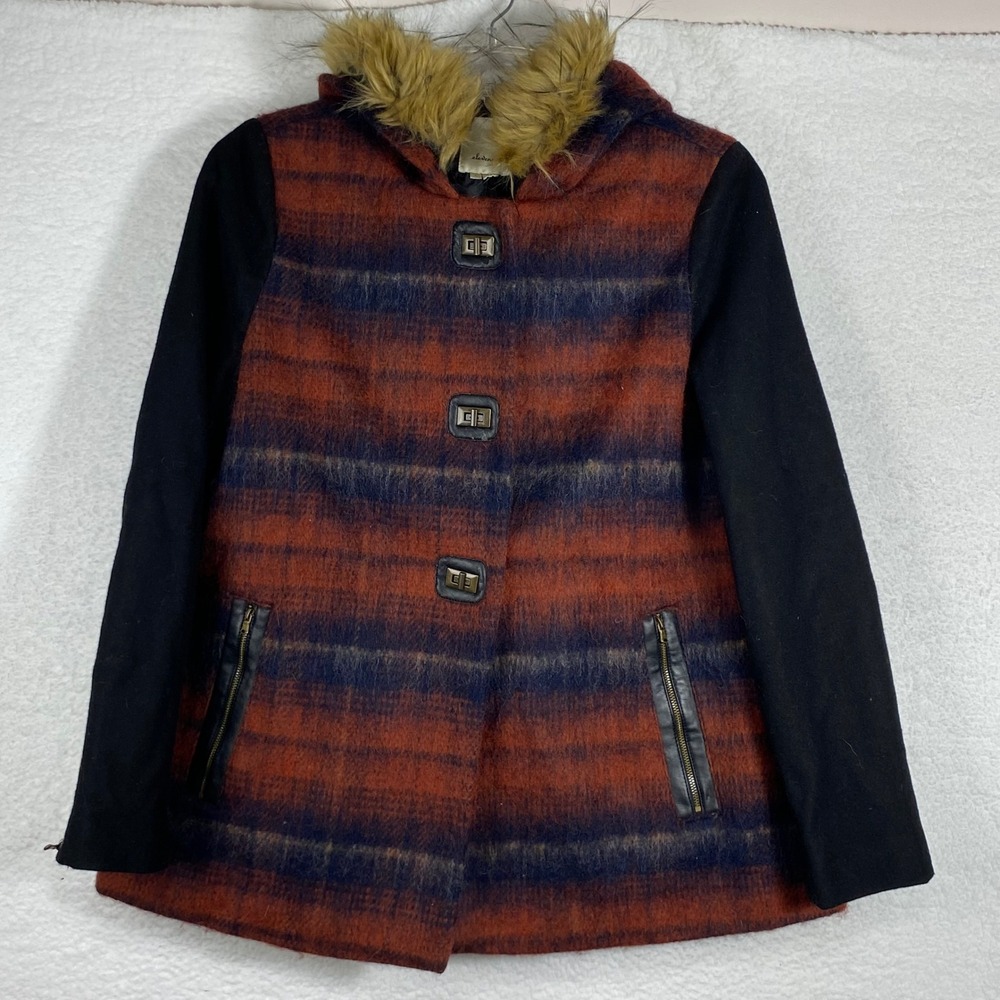 Elevenses Anthropologie Plaid Wool Blend Hooded Coat Faux Fur Trim Orange Large